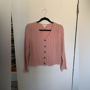 Linen blend Urban Romantics pink striped textured button up long sleeve top